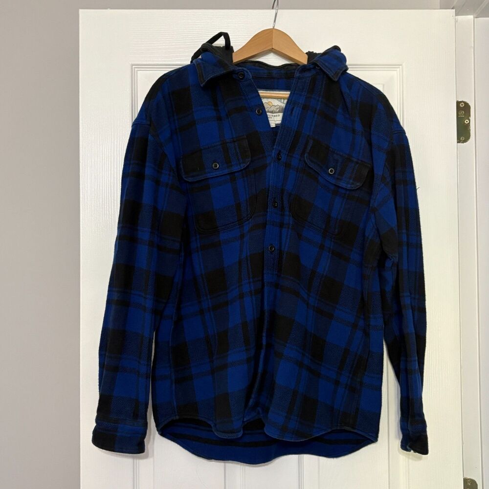 American Eagle Flannel Shirt Men L Blue Plaid Shacket Y2K Hooded Grunge